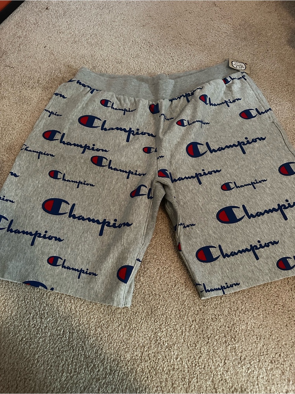 Champion Men’s Light Gray Athletic Shorts with Navy Script and Red Logo